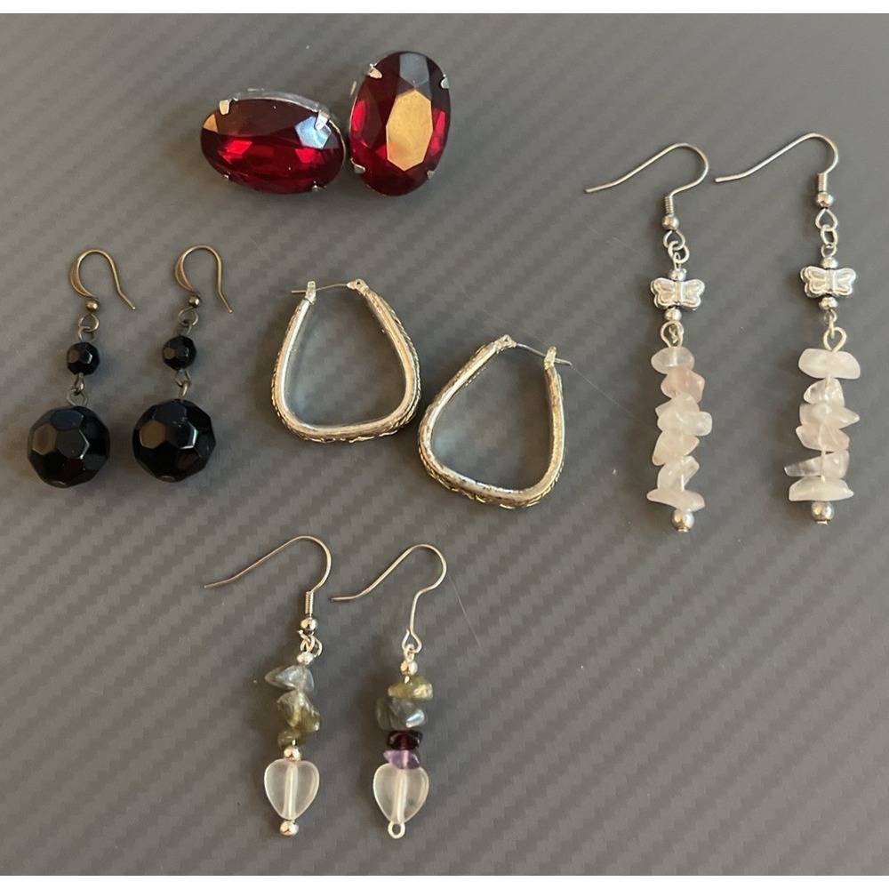 Vintage Lot of 5 Dangle Drop Earrings Gemstone Silver Tone  Multi-Colored